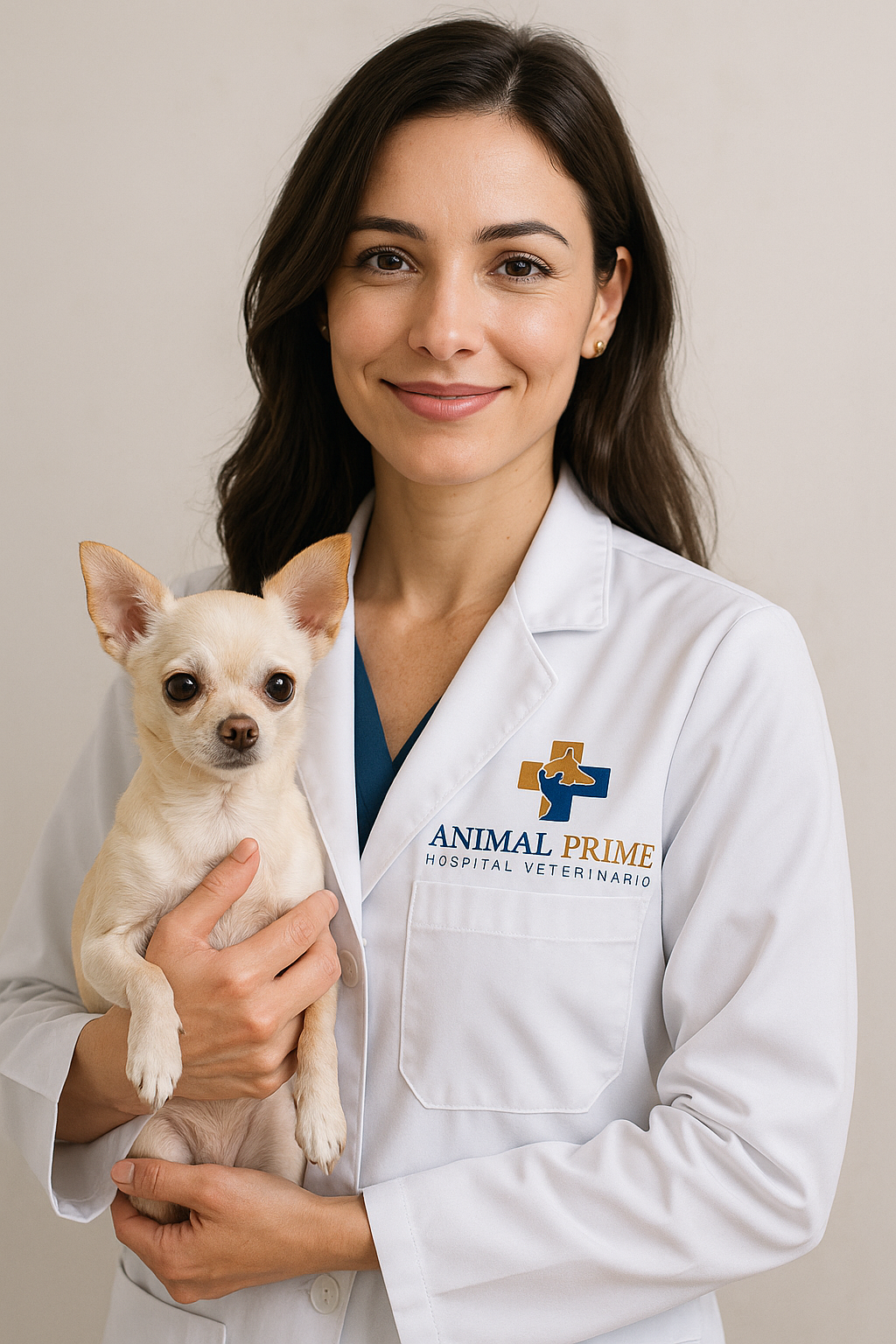 Veterinária da Animal Prime sorrindo e segurando um cachorro da raça Chihuahua